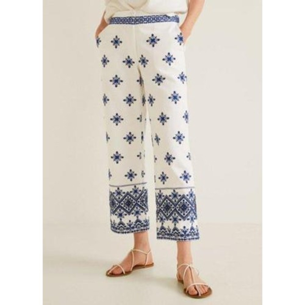 Mango White Blue Geometric Embroidered Wide Leg Cropped Pants Size‎ 4 NWT
